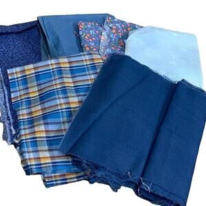 Lot of 6 Blue Calico Plaid Floral Cotton Blend Fabric Remnant Swatches Quilting